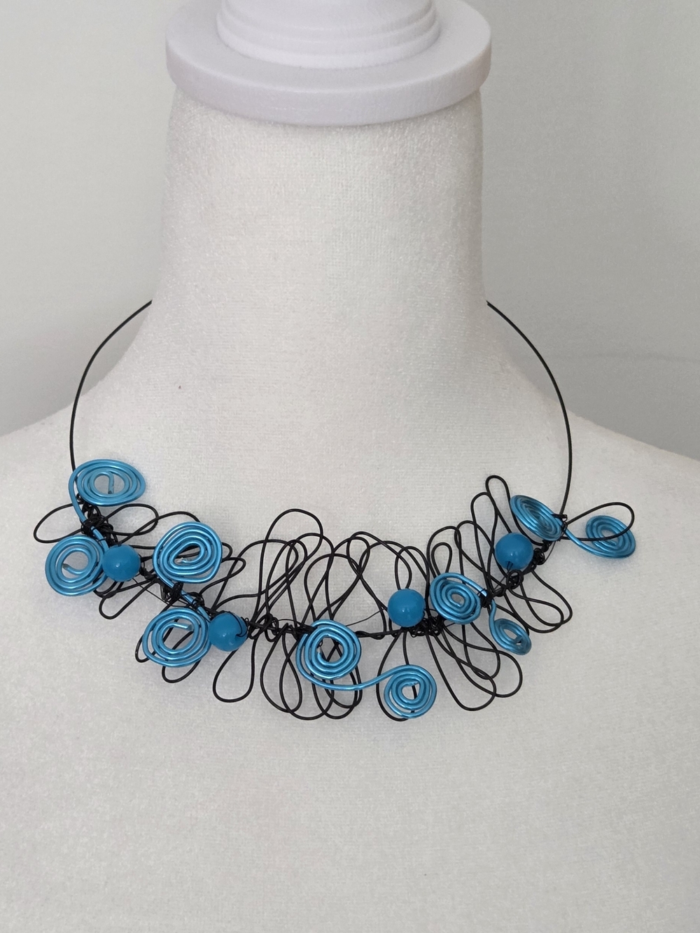 Handcrafted Blue Wire Floral Statement Necklace
